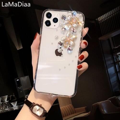 Luxury Clear Bling Flower Crystal Rhinestone Diamond Pearl Skin Case For Samsung S6 S7 S8 S9 S10 S20 S21 PLUS Note 5 8 9 10 20