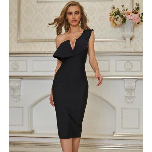 Sexy One Shoulder V Neck Ruffles Black Bodycon Women Summer Bandage Dress 2020 Designer Elegant Evening Party Dress Vestido