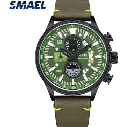 SMAEL Waterproof and Shatter-resistant Japanese Movement Quartz Mens Business Watch Leather Bracelet Chronograph Stopwatch