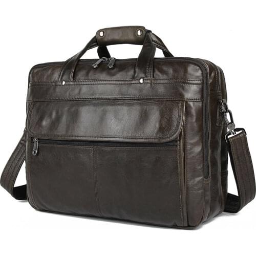 Luufan Grey Coffee Mens Genuine Leather Briefcase Shoulder Bag Double Zipper Men Busienss Laptop Bag 14 15 16 Inch Computer Bag