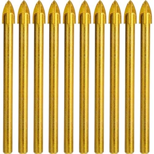 10Pcs Titanium Ceramic Glass Drill Bit Tungsten Carbide Cross Spear Head Drilling Tools 6mm For Ceramic Tile Glass Marble