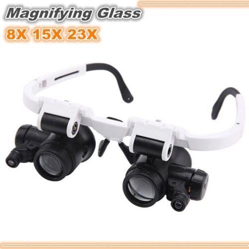 8X 15X 23X Magnifying Glass Double LED Lamp Binocular Magnifying Glasses Interchangeable Headwear Jewelry Watch Repair Magnifier