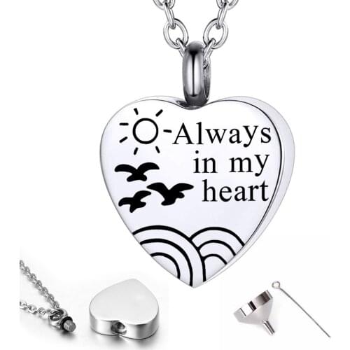 Always in My Heart Cremation Urn Necklace for Ashes Urn Jewelry Rainbow Memorial Pet Bird Pattern Pendant with Fill Kits