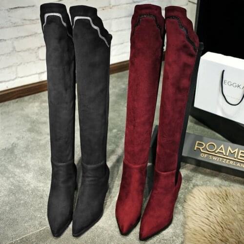 New Autumn Winter Flock Leather Over The Knee Women Boots Stretch Fabrics High Heel Slip on Shoes Pointed Toe Women Long Boots