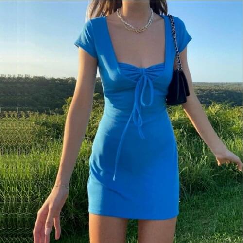 Women Blue Dress Sexy Hollow out Halter Summer Black Mini Dress Short Sleeve Drawstring Lace up Lolita Style Solid dresses