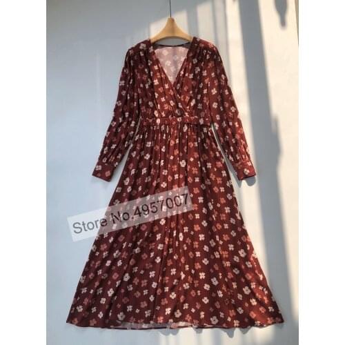 Women High Quality Viscose Flower Floral Printing V Neck Elastic Wasit Midi Dress