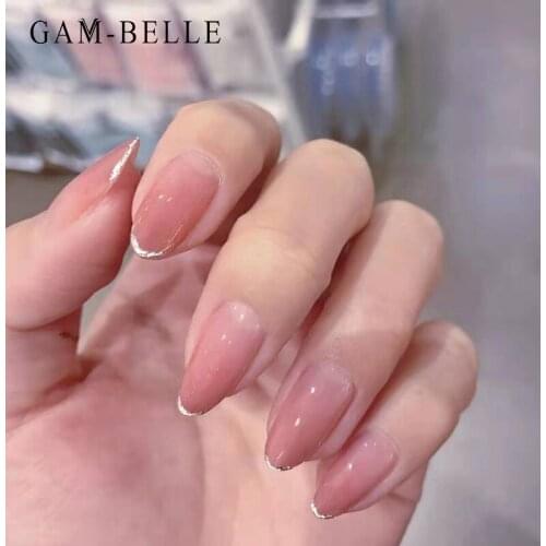 GAM-BELLE Ellipse Gold Tips Fake Nails Nude Pink French Long Ellipse Full Cover Nail Tips False Nail with Design Manicure Tool