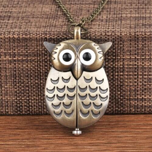 6104Retro Fashion Cartoon Bronze Owl Wings Open Small Quartz Pocket Watch Childrens Gift with Necklace