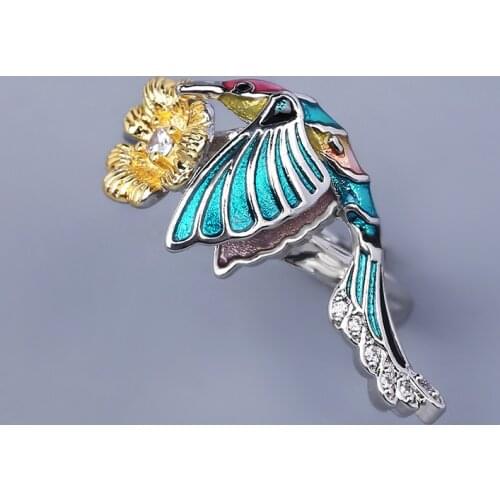 CIZEVA 2021 New Trend Hummingbird Ring 925 Silver Jewelry Women Bohemia Style Expoy Rings Unique Cocktail Party Fine Jewelry