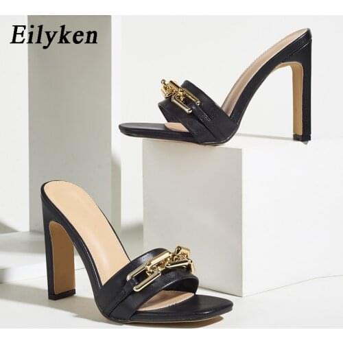 Eilyken Summer Elegant Womens Slippers Fashion New Metal Chain Decoration High Heels Mules Slides Pumps Square Toe Ladies Shoes