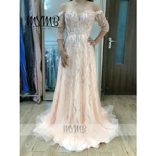 Elegant Half Sleeve A Line Evening Gown For Women Party Wear MYMB DRESS Off Shoulder Popular Blush Prom Dress Long MY41115