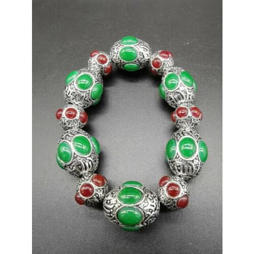 China Old Tibet Silver Carving Flower Inlaid Red Green Jade Silver Bracelet Collection Ornaments Statues for Decoration