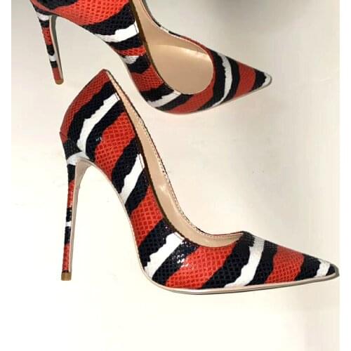 Red White Black Snakeskin Party High Heels Sexy Ladies Slip On Pointed Toe Pumps Woman Thin Stilettos Low Cut Outfit Dress Shoes