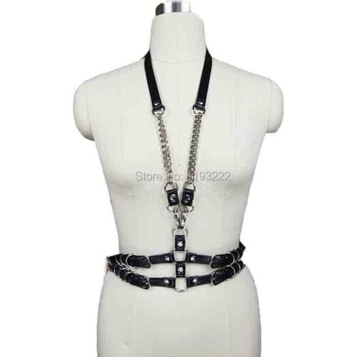Fashion Sexy Punk Studio Cosplay Halter Choker Harness Chains Leather Bra Bustier Sculpting Belt Waist Straps