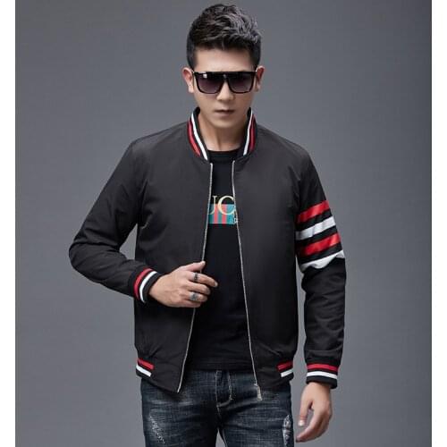 Mens Clothing Autumn Striped Jacket Mens Baseball Uniform Trend Handsome Youth Slim Jacket Casual Collar Plus Size Jacket