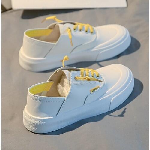 Low-top Womens Shoes Flat-bottomed White Shoes Home Daily Casual Board Shoes Lace-up Lazy Shoes Half Slippers Slip-on Loafers