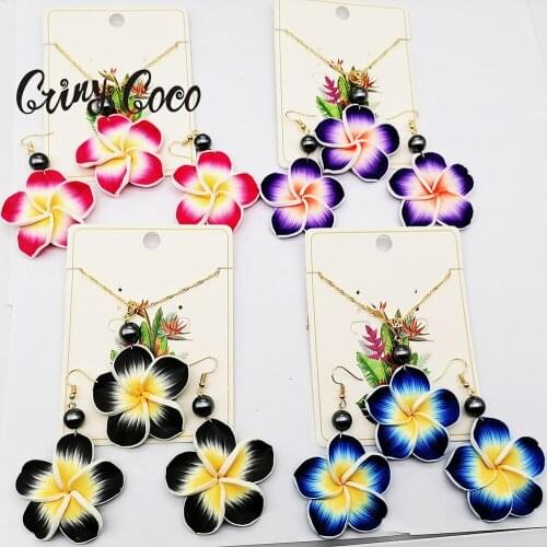 New Designer Jewelery Sets Trendy Handmade Soft Polymer Hawaiian Plumeria Necklace Earrings Set Valentines Days for Women 2021