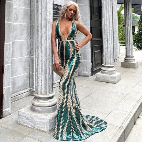 Women Sexy Deep V Neck Hollow Out Sequin irregular Striped Dresses Female Elegant Sleeveless Maxi Bodycon Green Dress Vestidos