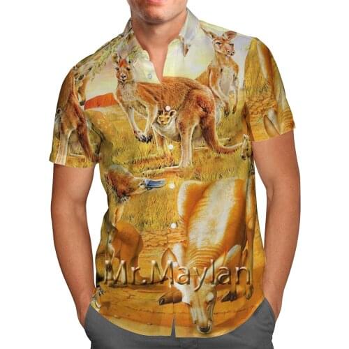 Yellow Animal Kangaroo 3D Print Beach Hawaiian 2021 Summer Short Sleeve Shirt Streetwear Oversized Camisa Social Chemise Homme