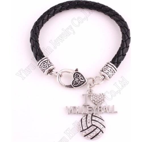 Fans Favorite Sports Jewelry Drop Shipping 1.3"*1.3" inches I Love Volleyball 2D Pendant leather Chain Lobster Claw Bracelets