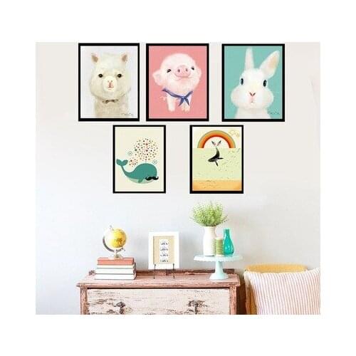 Canvas Prints Simple Nordic Decoration Nursery Girl Wall Art Watercolor Canvas Painting Cute Cartoon Rabbit piggy Print poster
