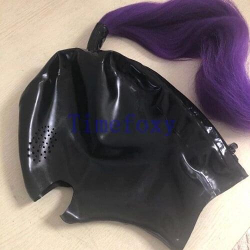 Dotted eyes Latex Mask Rubber Unisex Hood with Pigtails Rubber Fetish Mask Wigs Latex Headgear