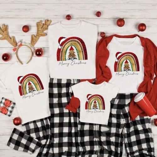 Christmas happy family matching clothes t shirts rainbow Leopard fashion kid girls baby father mother gift family outfits look