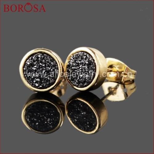 BOROSA Free Shipping 8mm Gold Color Black Natural Crystal Druzy Titanium Druzy Stud Earrings Fashion Drusy Geode Earring 198-6