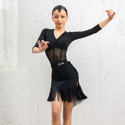 Mesh Latin Dance Tops Girls Fringe Skirts Ballroom Practice Wear Modern Stage Costume Designer Clothes Tango Dancewear JL2744