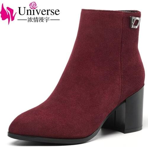 Universe Concise warm 2017 boots suede leather high heel shoes all match ankle boots with short plush lining G343