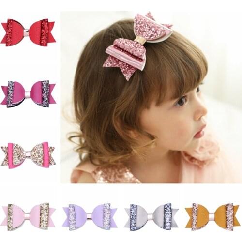 10 pcs/lot, 4 inch Chunky Glitter Faux Leather Bow Hair Clips, Stacked Shimmery Hair Bow Barrettes, Girls Birthday Gift