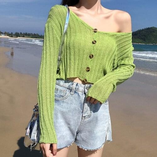 Womens Solid Long Sleeve V-Neck Thin Blouse Sun Protection Button Up Knitted