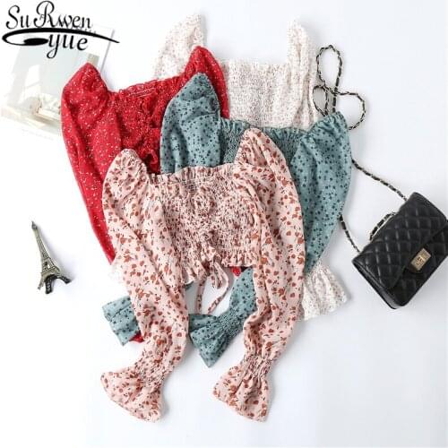 Fashion Women Blouses Pirnted Chiffon Shirts Sweet and Vintage Slash Neck Bow Woman Blouse Slim Super Short Ladys Top 9370 50