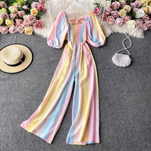 Womens Rainbow Gradient Jumpsuit Autumn 2020 Casual Square Collar Short Sleeve High Waist Romper Female Fashion Playsuit New
