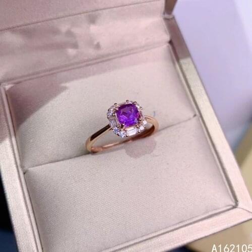 925 pure silver Chinese style natural Amethyst womens simple exquisite square adjustable gem ring fine jewelry support detectio