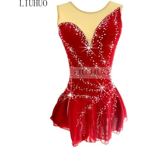Figure Skating Dress Womens Girls' Ice Skating Dress Wine red high stretch mesh fabric sleeveless Shiny rhinestone
