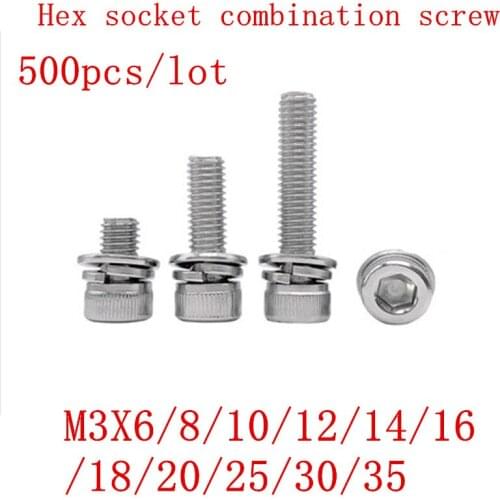 500Pcs m3*6/8/10/12/14/16/18/20/25/30/35 304 stainless steel hex socket cap head three combination screw