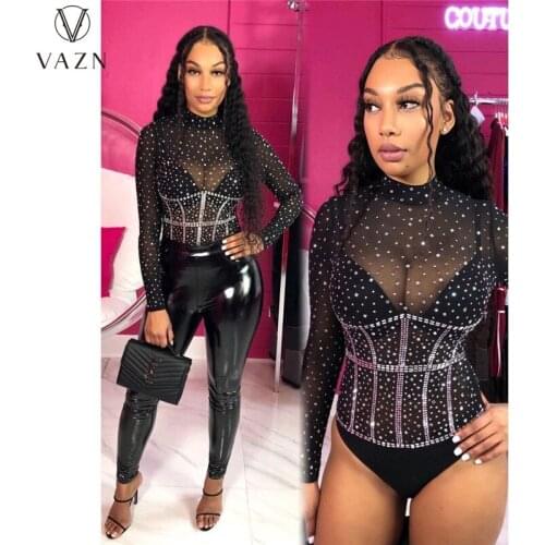 VAZN 2021 Autumn Black Heavy Industry Beading Young Sexy Office Lady Turtleneck Full Sleeve Women High Waist Skinny Bodysuit