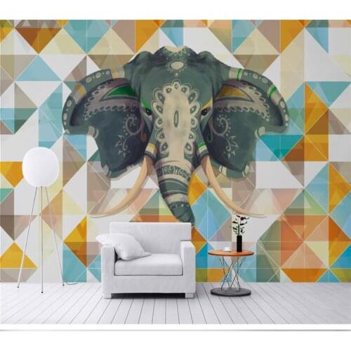Wellyu Custom large mural 3D hand-painted elephant geometric color block background mural living room background wallpaper