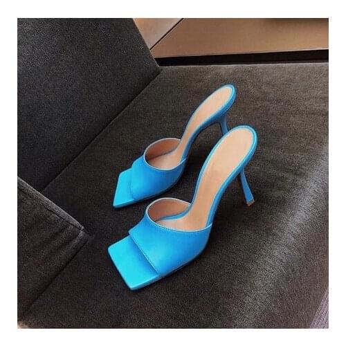 Celebrity Summer Fashion Blue Hollow Out Sandals Female Square Toe High Heels Slides Sexy Ladies Mules Strippers Shoes Woman