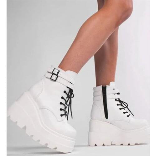 Winter Fashion High Platform Boots Leather High Wedges Ankle Boots Women Punk Style High Heels Shoes buckle strap shoes