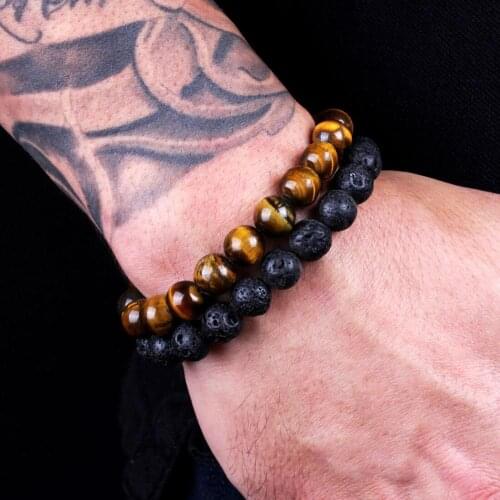 8mm Natural Stone Beads 2PCS Men Classic Lava Rock Tiger Eye Gem Stone Beaded Healing Bracelet Boyfriend For Women Men Jewelry