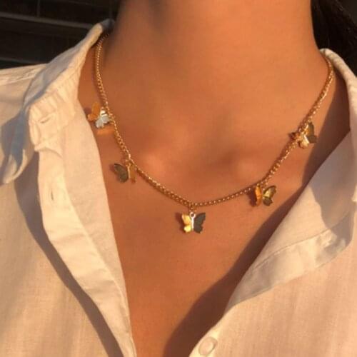 New Gold Silver Color Chain Pendant Butterfly Necklace for Women Layered Charm Choker Necklaces Boho Beach Jewelry Gift Cheap