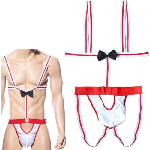 Erotic Men Hole Jockstrap Thongs New Design Male Sexy Bowknot Tie Bodysuit Lingerie For Men Gay Nightclub Fetish Straps G-String