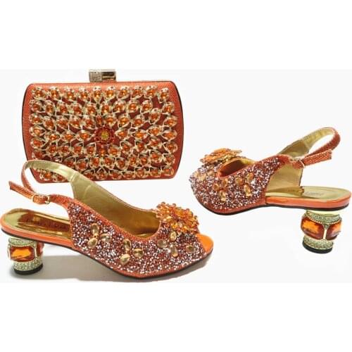 2021 African Hot Selling Neirian Fashon Italian Design Classic Style Orange Color Noble Party Wedding Ladies Shoes and Bag Set