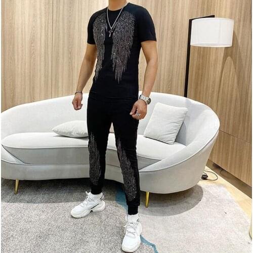 Summer Rhinestones Mans Tracksuits s Men Camouflage cotton Hip-Hop Mens Outfits hot drilling 2pcs set