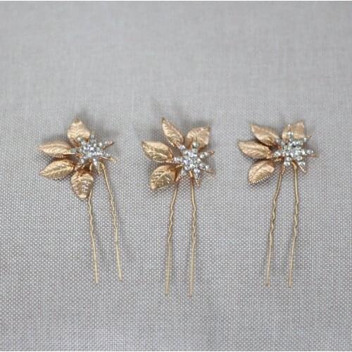 Jonnafe Gold Leaf Bridal Hair Pins Set Rhinestone Wedding Headpiece Vintage Women Hair Accessories Ornament