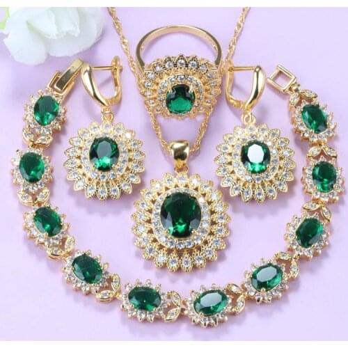 Green Cubic Zirconia Wedding Accessories Big Sunflower Jewelry Sets Gold-Color African Women Plus Size Matching Sets
