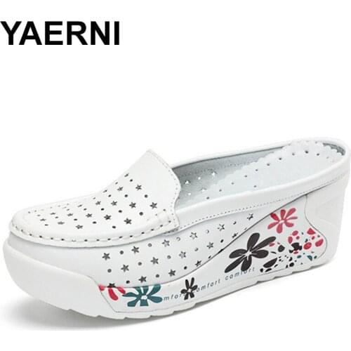 YAERNI New Arrival Genuine Leather Summer Shoes Women Creepers Casual Breathable Flat Platform Shoes Woman Summer Casual Shoes