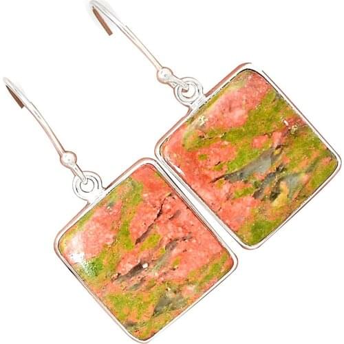 Lovegem Genuine UNAKITE EARRING 925 Sterling Silver,37 mm, AE1563